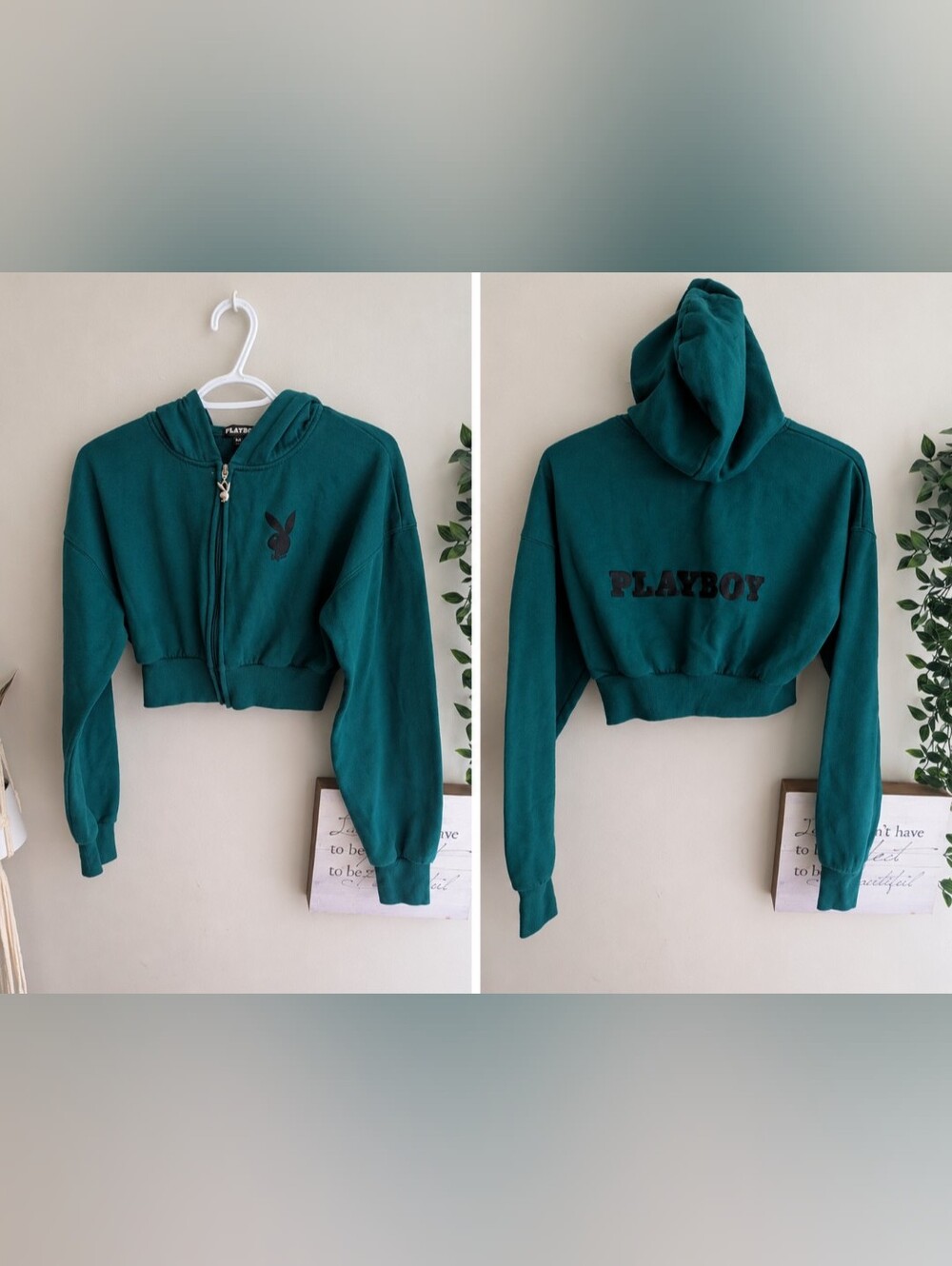 PLAYBOY Teal Cropped Zip Hoodie with Black Logo